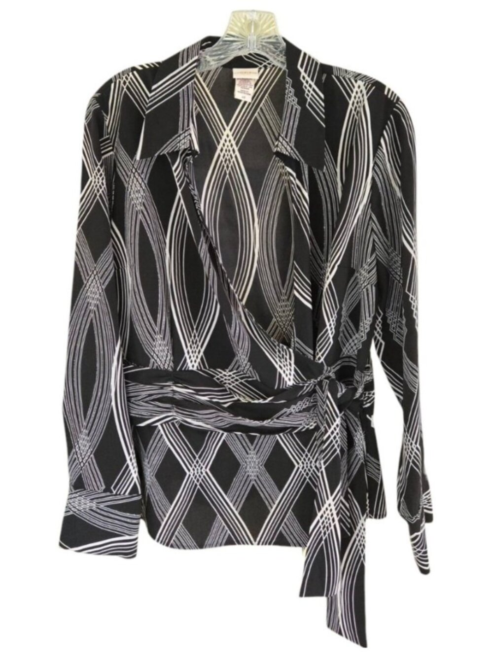 Covington Black & White Wrap Front Blouse Women's Large Long Sleeve Tie Waist
